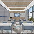 School Spacious Modern Classroom With Student Desks Large Screen Wooden Ceiling And Big Windows