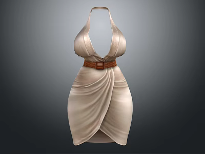 Beige Halter Neck Deep V Neck Dress With Brown Belt And Drape Design 3d model
