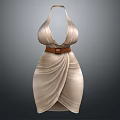 Beige Halter Neck Deep V Neck Dress With Brown Belt And Drape Design