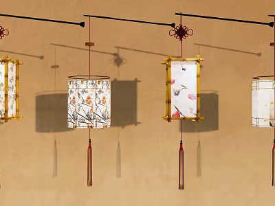 Traditional Chinese Hanging Lanterns with Bamboo Frame Floral Patterns and Shadow Effects 3d model