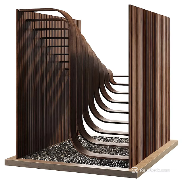 Modern Wooden Spiral Staircase With Curved Design Striped Railings And Gravel Floor 3d model 