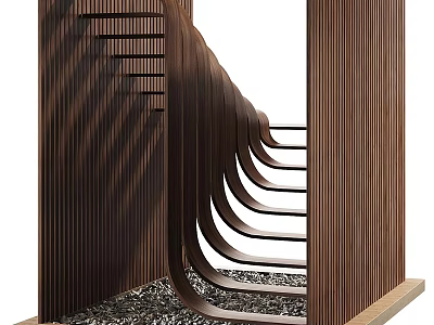 Modern Wooden Spiral Staircase With Curved Design Striped Railings And Gravel Floor 3d model