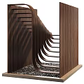Modern Wooden Spiral Staircase With Curved Design Striped Railings And Gravel Floor