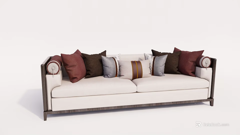 Modern White Two Seater Sofa With Multiple Brown Gray Pillows And Decorative Armrests 3d model