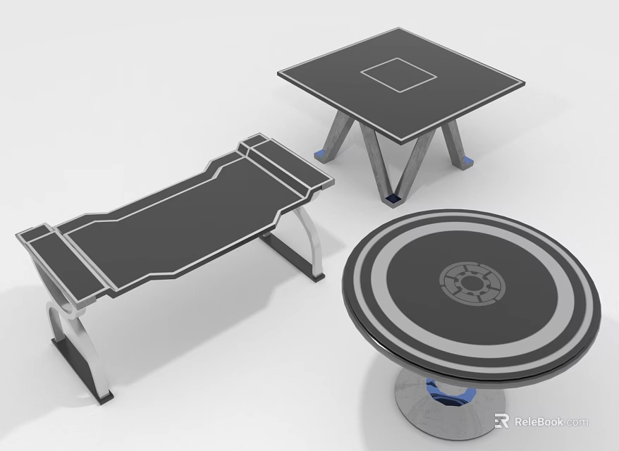 Modern Furniture Including Bench Square Table And Round Table With Metal Legs Dark Surface 3d model 