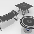 Modern Furniture Including Bench Square Table And Round Table With Metal Legs Dark Surface