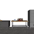 Stainless Steel Kitchen Setup With Counter Shelf Appliances And Bottles