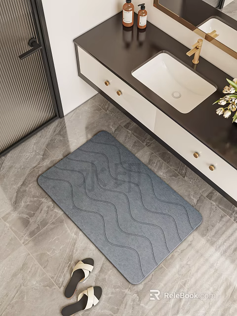 Gray Wavy Pattern Bathroom Bath Mat On Marble Floor With Vanity And Sink 3d model