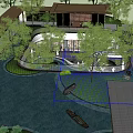 Modern Garden Landscape With Lush Trees Curved Pathway And Water Pond