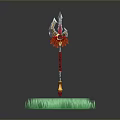 Decorative Spear Weapon With Red Floral Accents On Green Grass Base