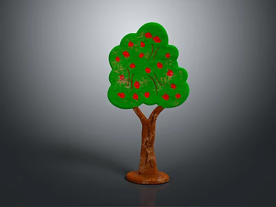 Colorful Cartoon Tree Scene With Green Leaves Red Apples And Brown Trunk 3d model