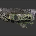 Old Broken Gray Brick Wall Ruins With Naturally Growing Moss And Scattered Stones