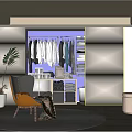 Modern Walk-in Closet with Hanging Clothes Dressing Table Armchair and Round Rug