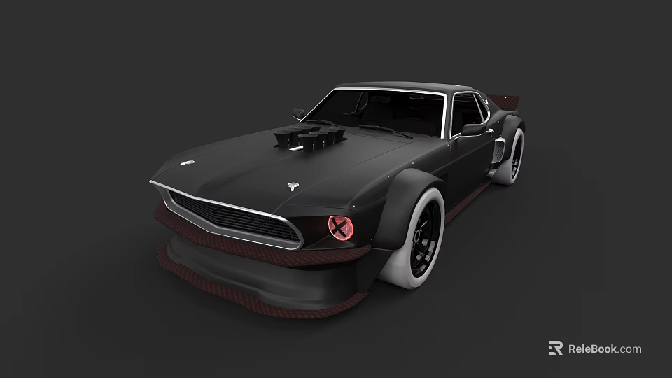 Black Modified Muscle Car With Red Headlights Wide Body And White Wheels 3d model 