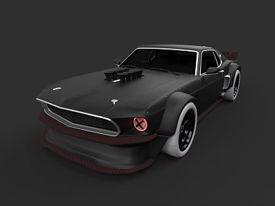Black Modified Muscle Car With Red Headlights Wide Body And White Wheels 3d model