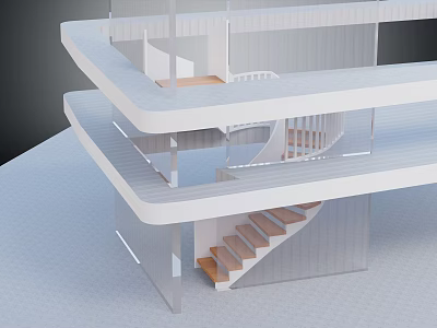 Modern Architectural Model With Multi Layered Structure And Spiral Staircase Wooden Steps 3d model