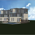 Modern Style Detached Villa With Swimming Pool Palm Trees Large Windows And Balconies