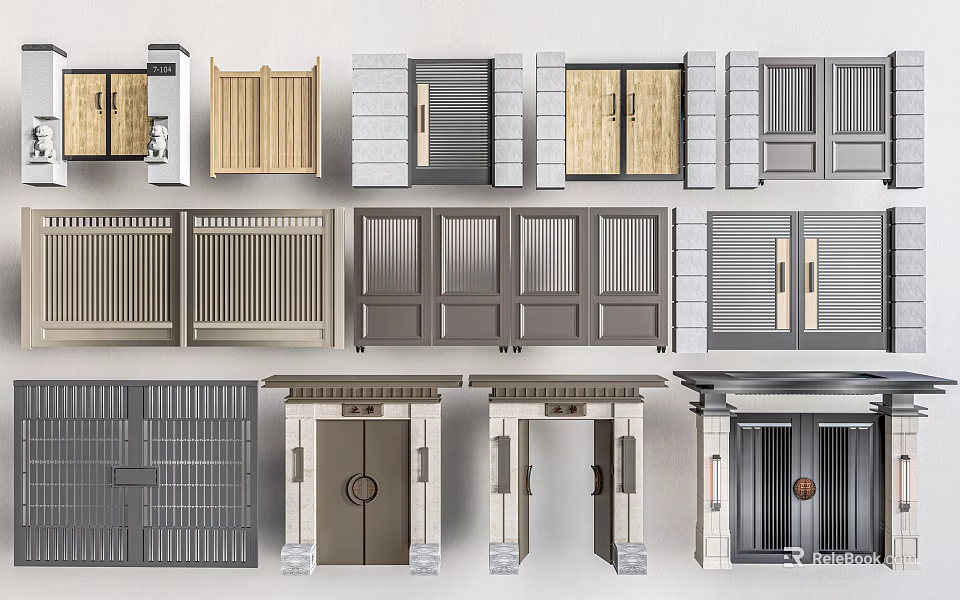 Diverse Entry Gate Designs Showcasing Wooden Metal Elements And Lattice Details 3d model