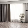 Gray Curtains With White Sheer Panels In Modern Room With Wooden Floor And Potted Plant