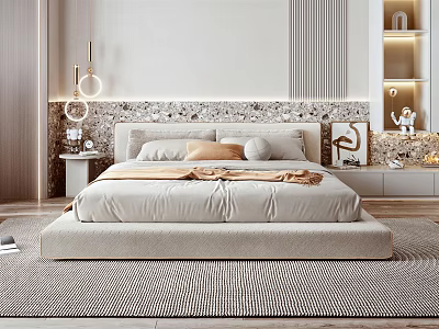 Modern Bedroom Interior With Elegant Headboard Soft Pillows And Plush Area Rug 3d model