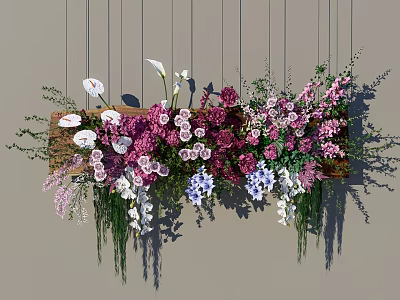 Wall Mounted Floral Installation With Wooden Board And Mixed Colors Flowers Green Foliage Hanging 3d model