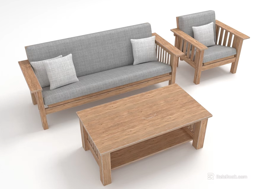 Wooden Frame Gray Sofa and Coffee Table Set with Armchair and Cushions for Living Room 3d model 
