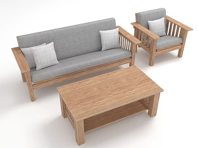 Wooden Frame Gray Sofa and Coffee Table Set with Armchair and Cushions for Living Room 3d model