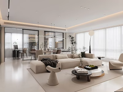 Modern Living And Dining Room Interior With Beige Sofa Round Coffee Table And Natural Light 3d model
