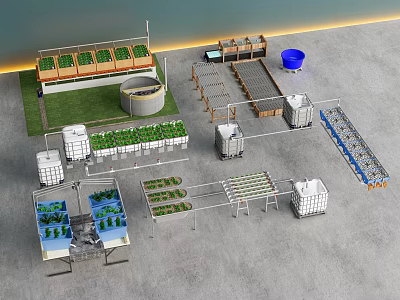 Advanced Hydroponic Agricultural Facility With Vertical Racks Circular Beds And Green Plants 3d model