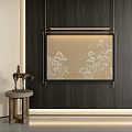 Abstract Painting With Beige Background White Floral Pattern And Metal Frame On Dark Wooden Wall