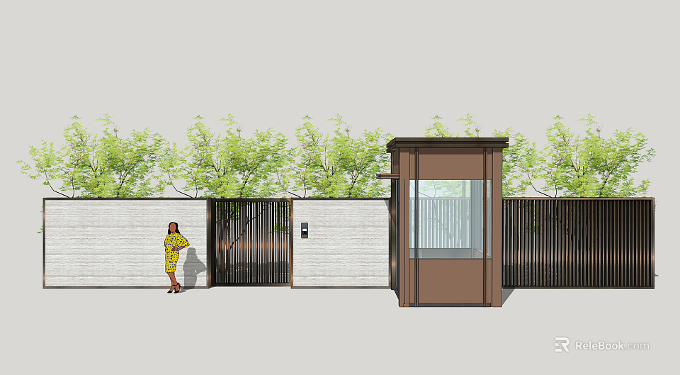 Modern Entrance Gate Design With Black Metal Fence Green Trees White Wall And Security Booth 3d model 