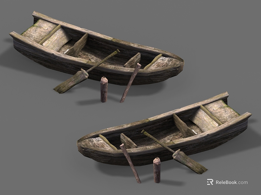 Two Old Wooden Boats With Oars And Wooden Stakes On Gray Background 3d model 