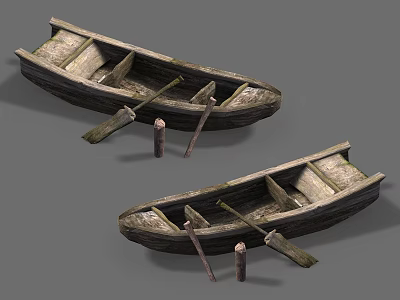Two Old Wooden Boats With Oars And Wooden Stakes On Gray Background 3d model