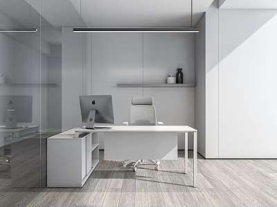 Modern Office Interior With White Desk Computer Chair And Wooden Floor 3d model