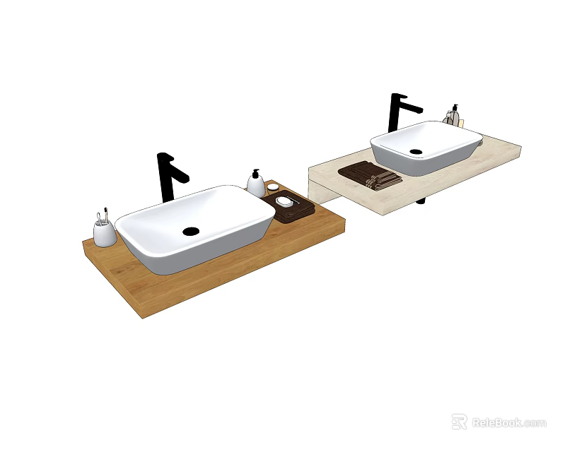 Two White Washbasins On Wooden Countertop With Black Faucets And Toiletries 3d model 