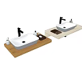Two White Washbasins On Wooden Countertop With Black Faucets And Toiletries