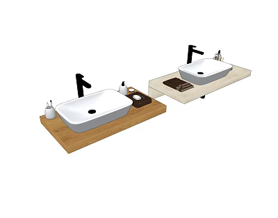 Two White Washbasins On Wooden Countertop With Black Faucets And Toiletries 3d model