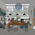 Public Office Space With Wooden Tabletop Green Plant Table Lamp Coffee Cup And Laptop