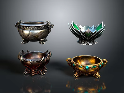 Intricate Metal Sculpture Carvings Of Decorative Bowls With Lotus Design And Gemstones 3d model