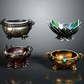 Intricate Metal Sculpture Carvings Of Decorative Bowls With Lotus Design And Gemstones