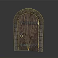 Arched Wooden Door With Stone Frame Metal Accents And Knocker Design
