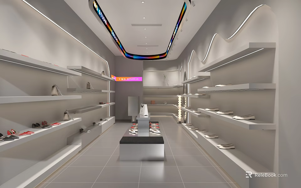 Modern Shoe Store Interior With Display Shelves And Various Footwear Collection 3d model 