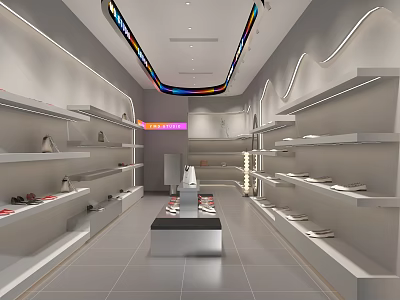 Modern Shoe Store Interior With Display Shelves And Various Footwear Collection 3d model
