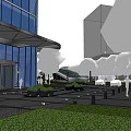 Two Modern Tall Office Buildings With Glass Curtain Walls And Green Surroundings