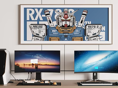 Dual Computer Monitors Modern Workstation Setup with RX782 Poster and Desk Accessories 3d model