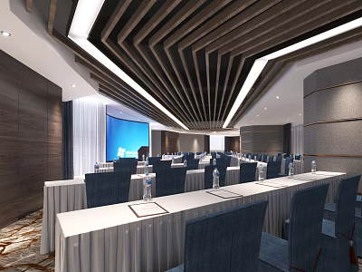 Modern Conference Room With Wooden Ceiling Long Tables And Blue Screen Setup 3d model