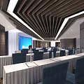 Modern Conference Room With Wooden Ceiling Long Tables And Blue Screen Setup