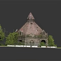 Cartoon Style Scenic Structure With Pointed Red Roof Green Trees Grass Lawn And Pathway