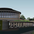 Modern Cultural Center With Green Roof Courtyard And Glass Facade Design