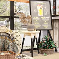 Grocery Store Interior With Wooden Shelves Displayed Goods Tables Chairs Hanging Lamps And Green Plants